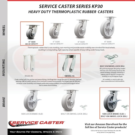 Service Caster 4 Inch Kingpinless Thermoplastic Rubber Wheel Caster Brakes 2 Swivel Locks, 4PK SCC-KP30S420-TPRRF-SLB-BSL-2-SLB-2